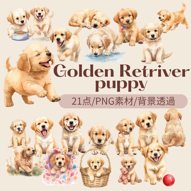 『Golden Retriver puppy（ゴールデンレトリバーの子犬）』 水彩画風 背景透過PNG素材 21点セット