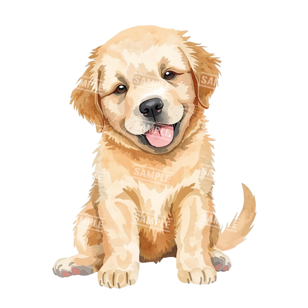 『Golden Retriver puppy(ゴールデンレトリバーの子犬)』 水彩画風 背景透過PNG素材 21点セット