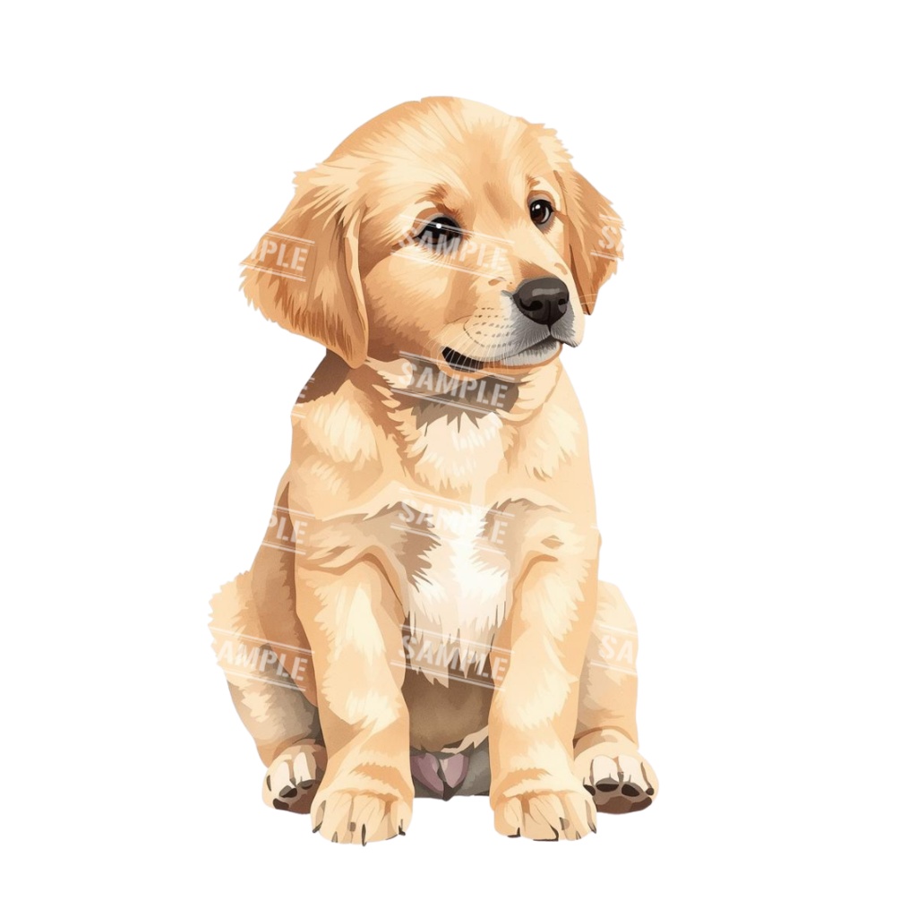 『Golden Retriver puppy(ゴールデンレトリバーの子犬)』 水彩画風 背景透過PNG素材 21点セット