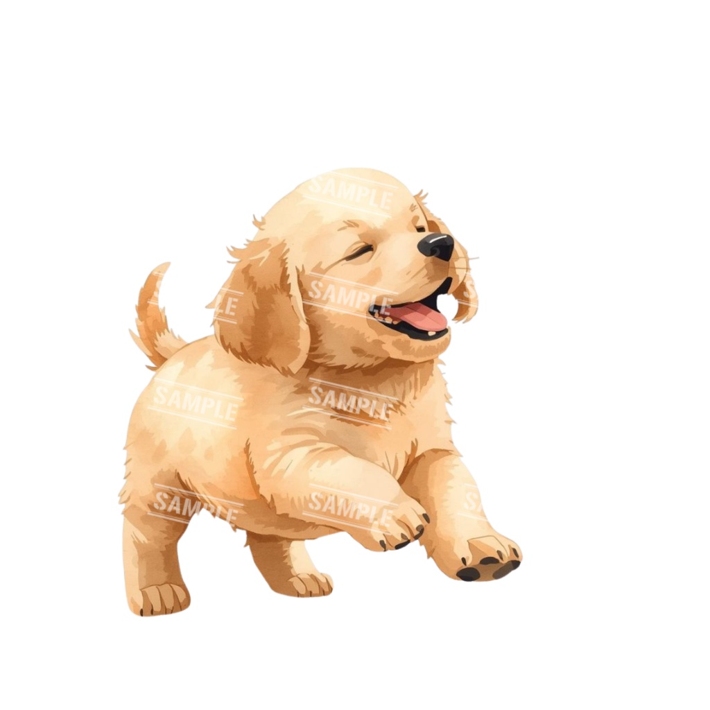『Golden Retriver puppy(ゴールデンレトリバーの子犬)』 水彩画風 背景透過PNG素材 21点セット