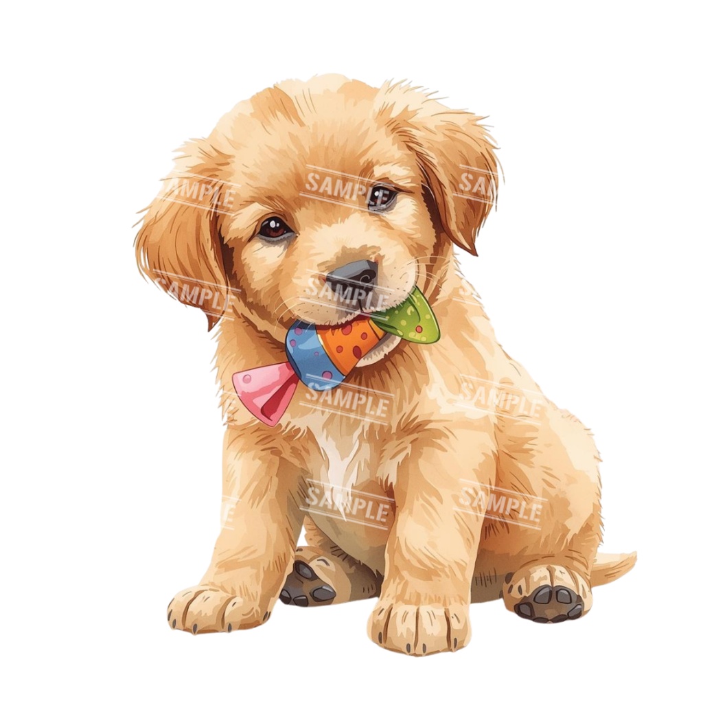 『Golden Retriver puppy(ゴールデンレトリバーの子犬)』 水彩画風 背景透過PNG素材 21点セット