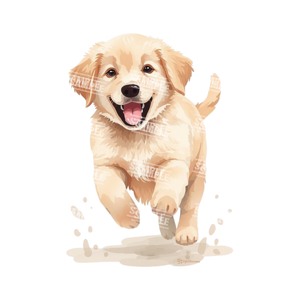 『Golden Retriver puppy(ゴールデンレトリバーの子犬)』 水彩画風 背景透過PNG素材 21点セット