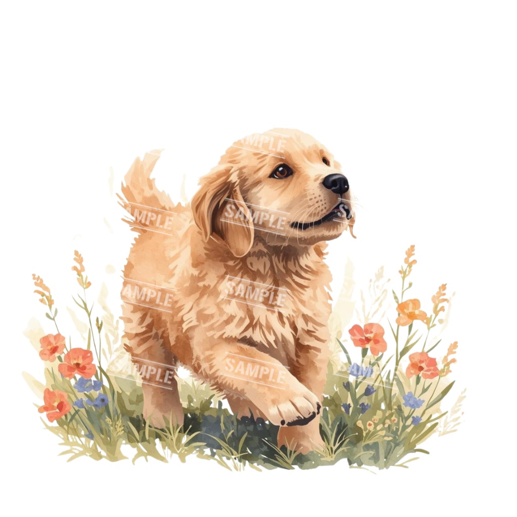 『Golden Retriver puppy(ゴールデンレトリバーの子犬)』 水彩画風 背景透過PNG素材 21点セット