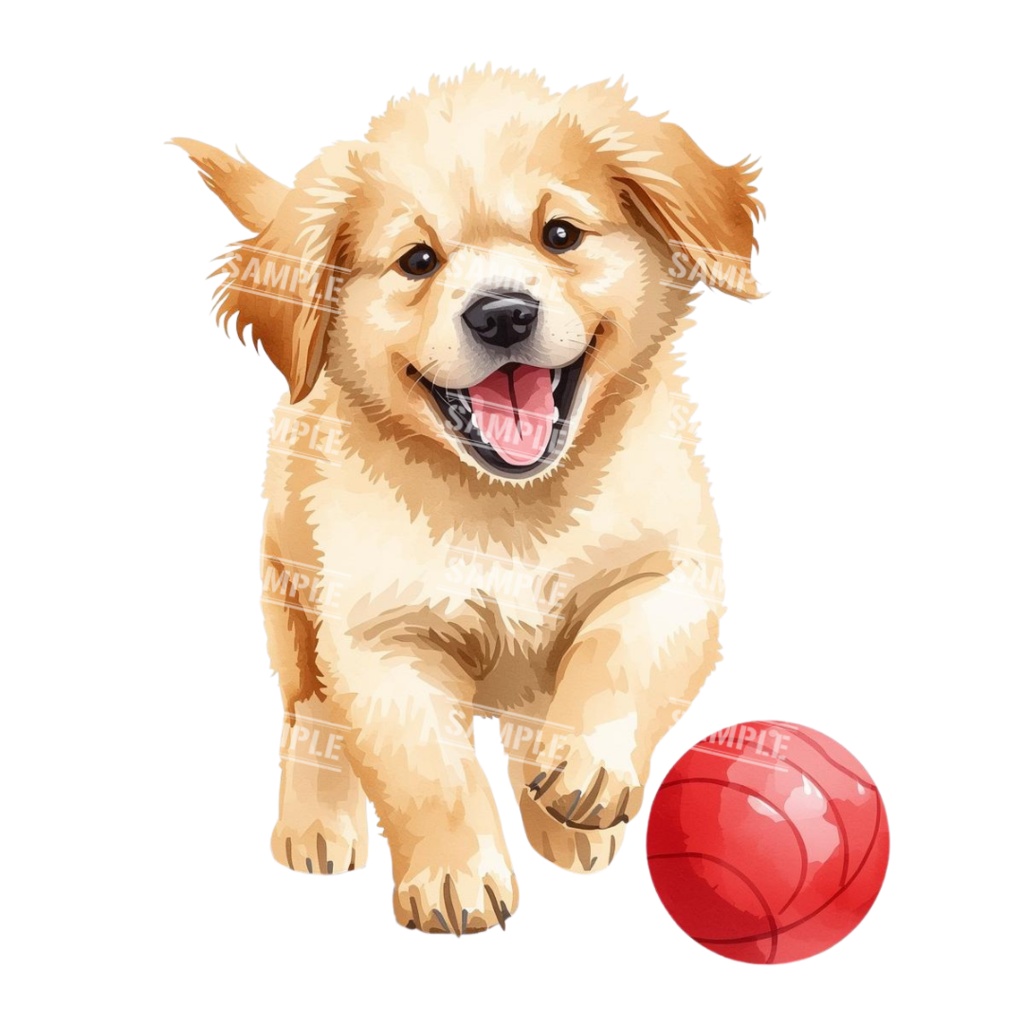 『Golden Retriver puppy(ゴールデンレトリバーの子犬)』 水彩画風 背景透過PNG素材 21点セット