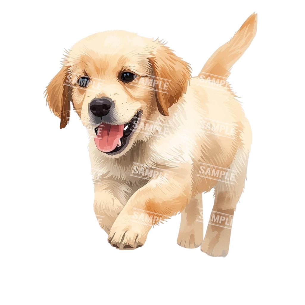 『Golden Retriver puppy(ゴールデンレトリバーの子犬)』 水彩画風 背景透過PNG素材 21点セット