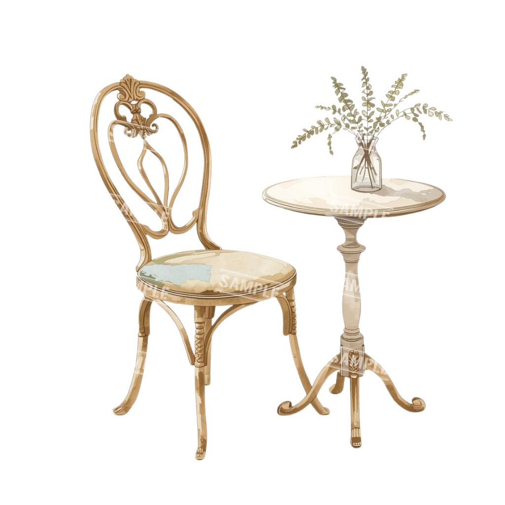 『cafe(クリーム色)』水彩画風 背景透過PNG素材 26点セット