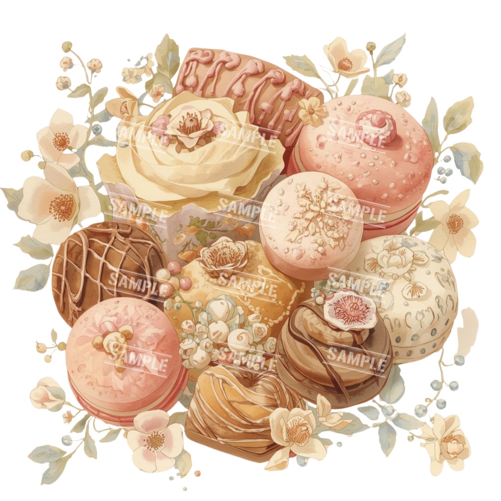 『cafe(クリーム色)』水彩画風 背景透過PNG素材 26点セット