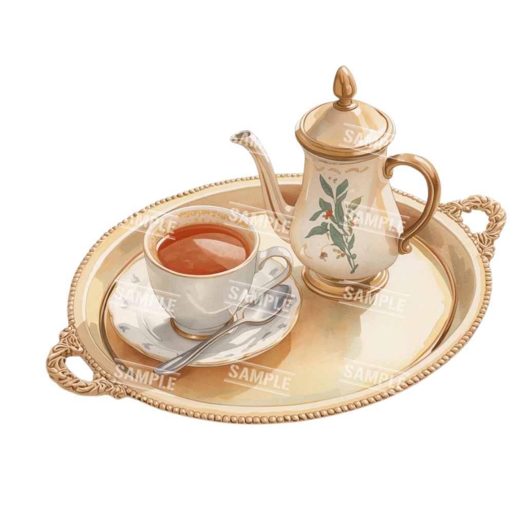 『cafe(クリーム色)』水彩画風 背景透過PNG素材 26点セット