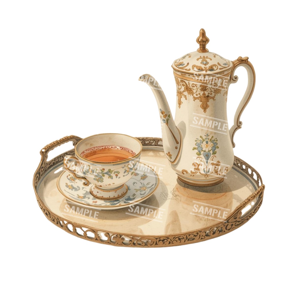 『cafe(クリーム色)』水彩画風 背景透過PNG素材 26点セット