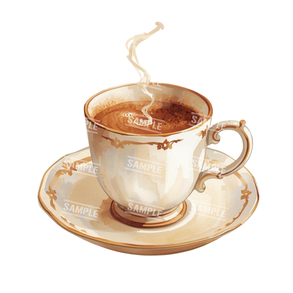 『cafe(クリーム色)』水彩画風 背景透過PNG素材 26点セット