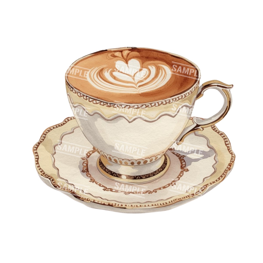 『cafe(クリーム色)』水彩画風 背景透過PNG素材 26点セット