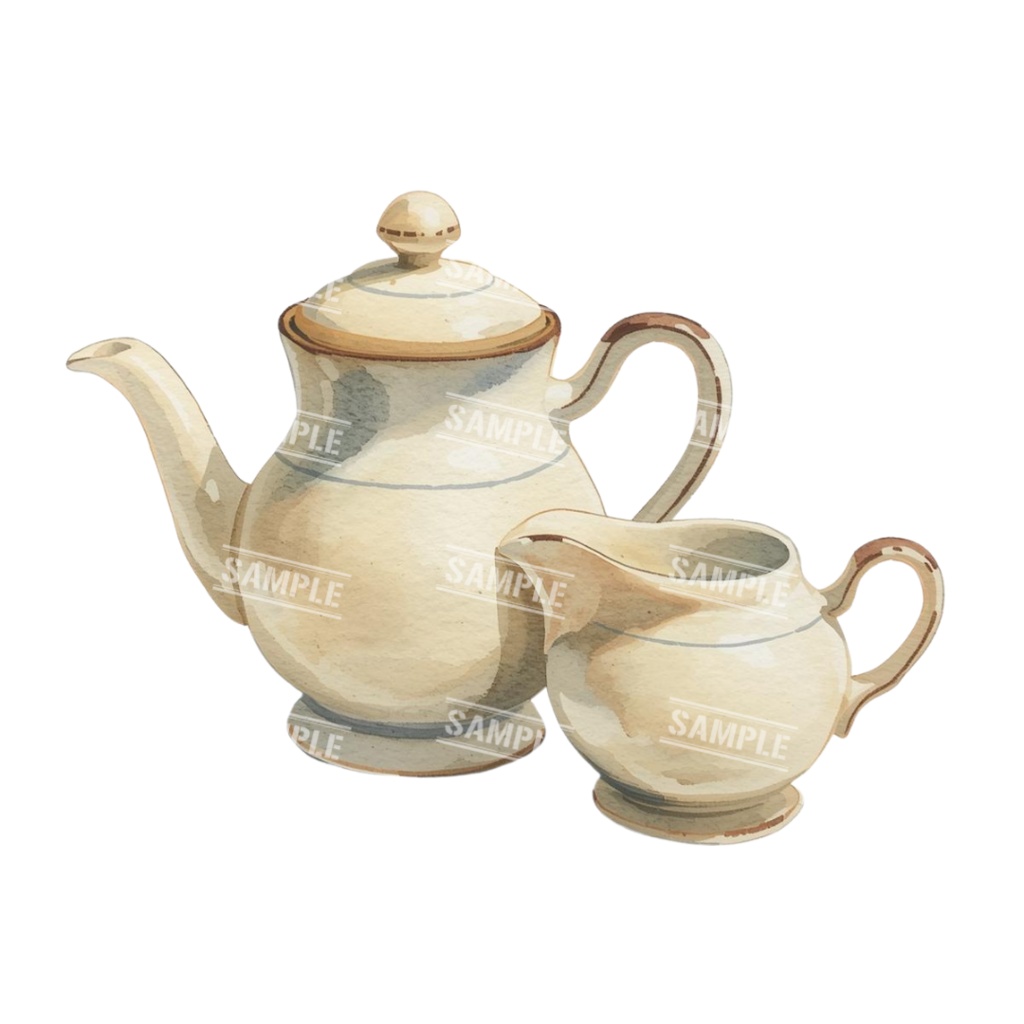 『cafe(クリーム色)』水彩画風 背景透過PNG素材 26点セット