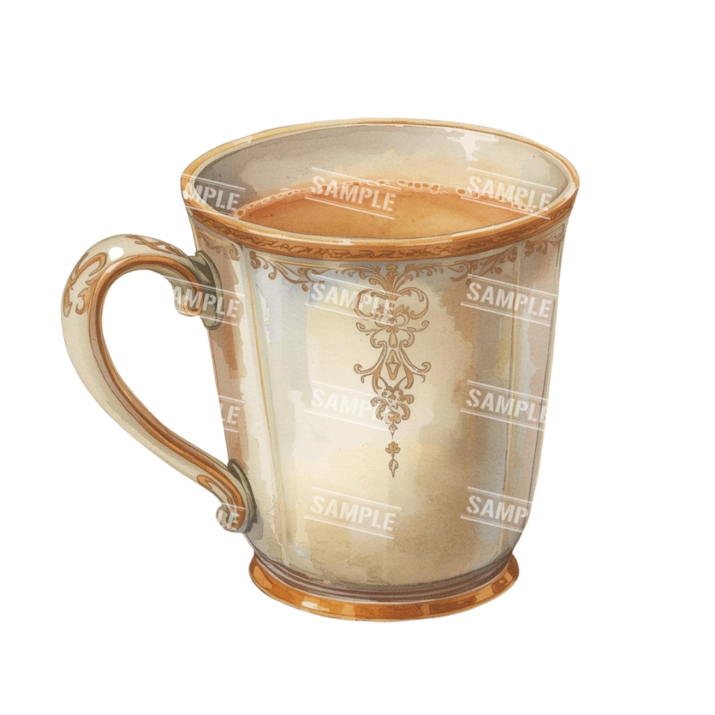 『cafe(クリーム色)』水彩画風 背景透過PNG素材 26点セット