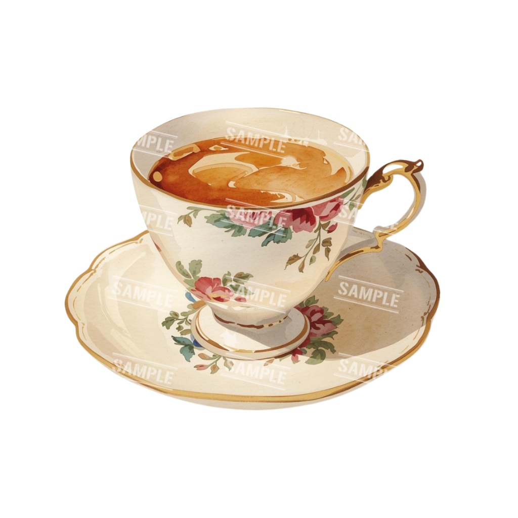 『cafe(クリーム色)』水彩画風 背景透過PNG素材 26点セット