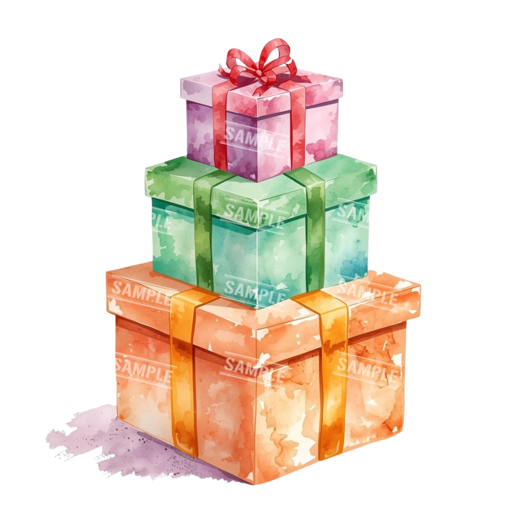 『present』水彩画風 背景透過PNG素材 41点セット