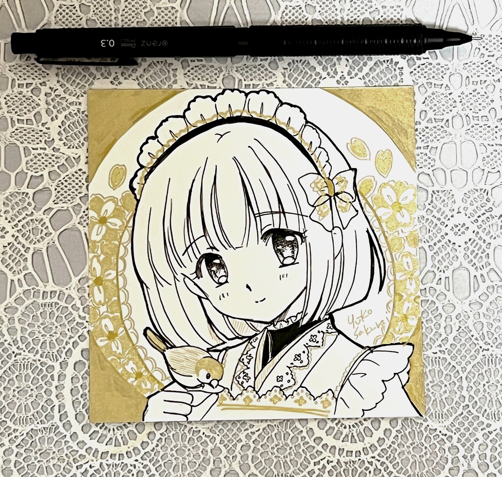 直筆　和メイドさんと雛文鳥