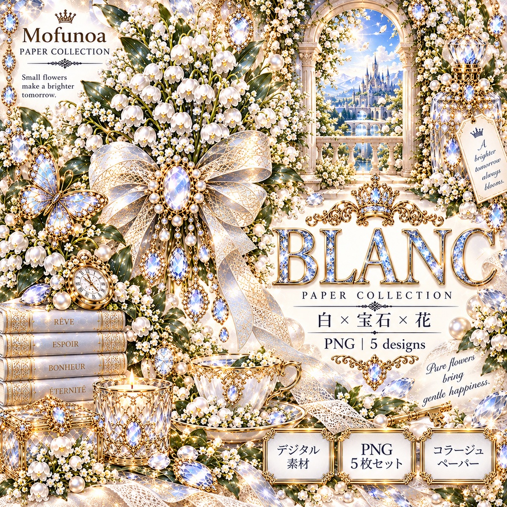 【コラージュ素材・PNG】宝石×花の幻想デザイン 全27枚 COMPLETE+SEASONALセット|Mofunoa PAPER COLLECTION