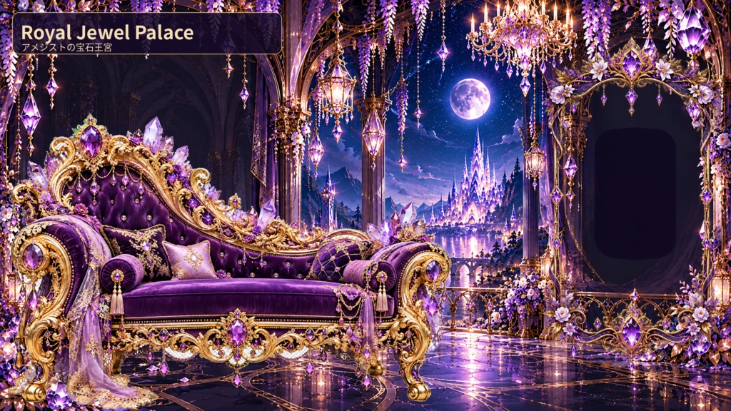 【配信画面素材15点】Royal Jewel Palace｜アメジストの宝石王宮＆豪華カウチ【透過PNG・VTuber向け】
