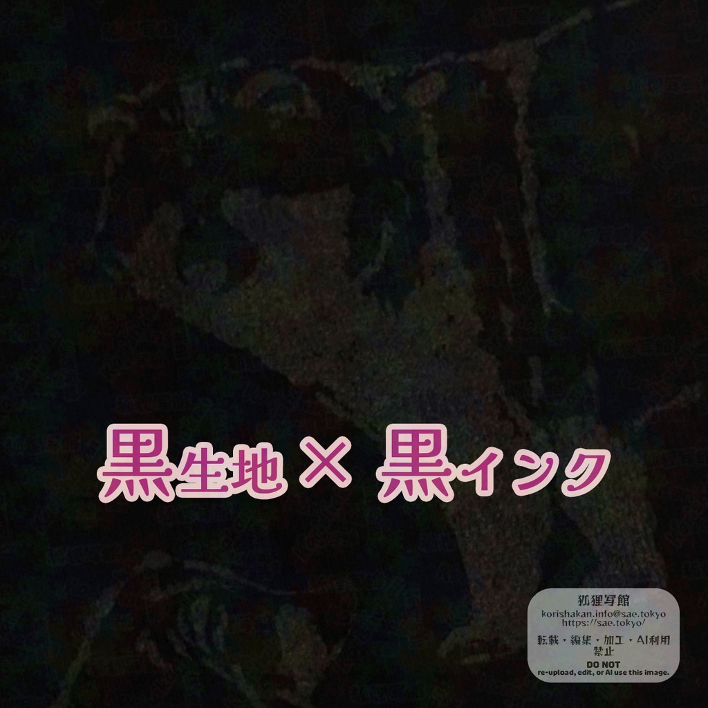 線画Tシャツ「エゾタヌキがいっぱい」黒色×黒色、背面プリント