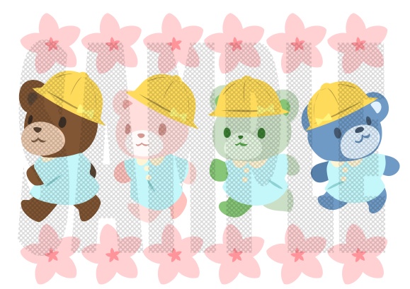 園児のくまと桜の花びらのイラスト