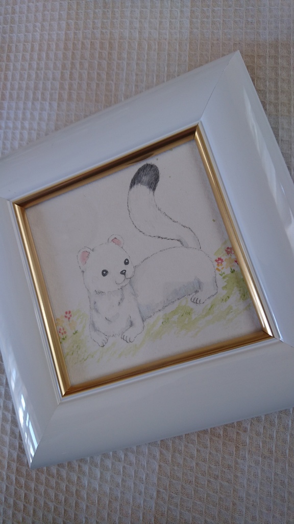 水彩原画 オコジョ 額付き