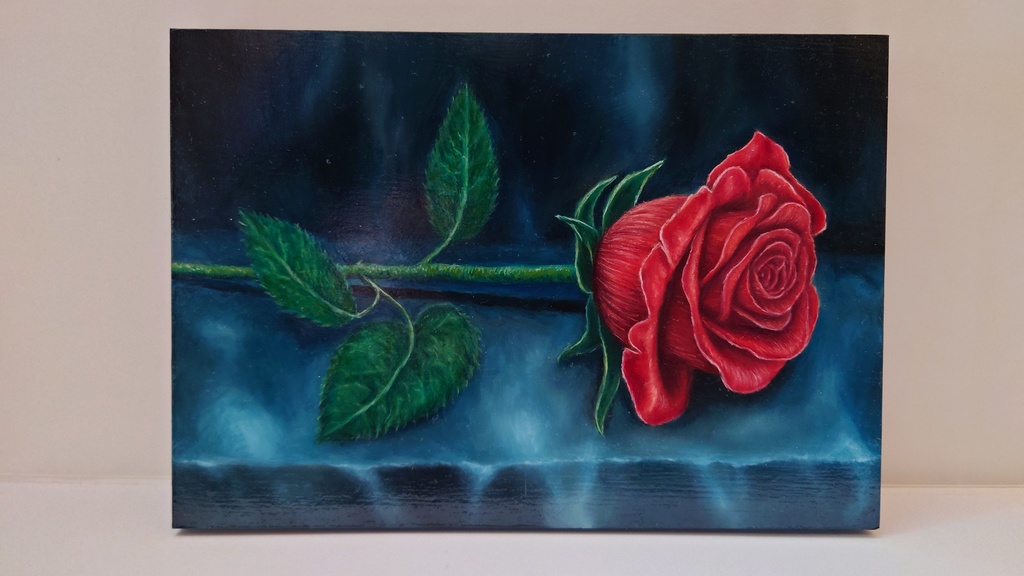 「一輪の薔薇」 油彩  静物画 SMサイズ