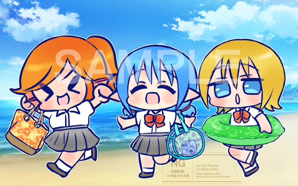 【無料版有り】創作イラスト　３人娘 楽しい夏休み（無料版/有料版）[Free version available] Original illustration: Three girls having fun on summer vacation (free version/paid version