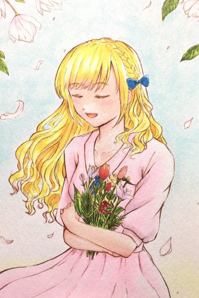 花を持った金髪の女の子　原画