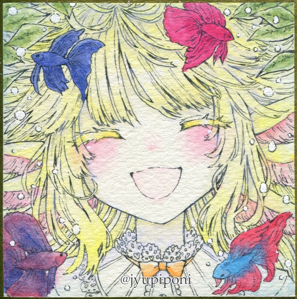 【アナログ原画】ミニ色紙 ウーパールーパーちゃんとベタたち