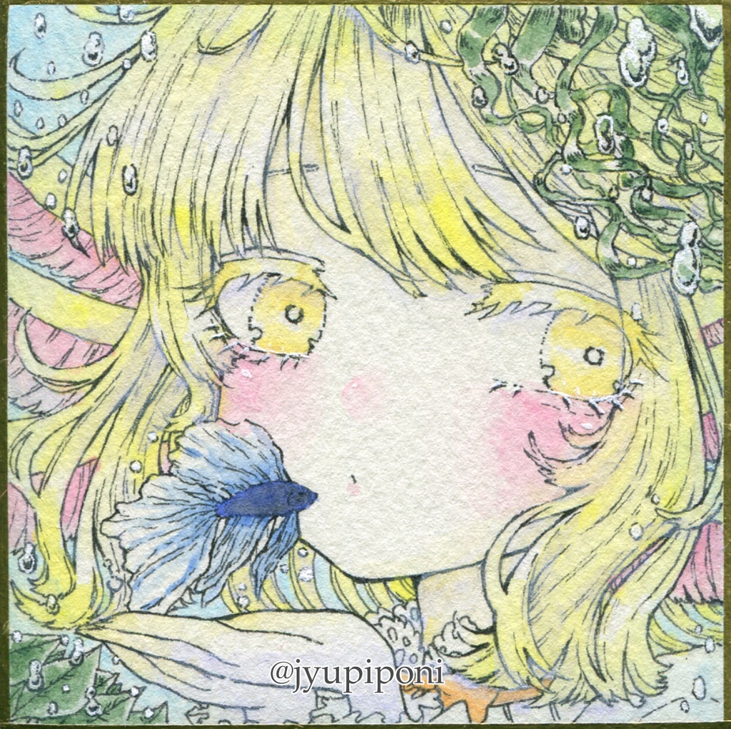 【アナログ原画】ミニ色紙　ウーパールーパーちゃんとベタ