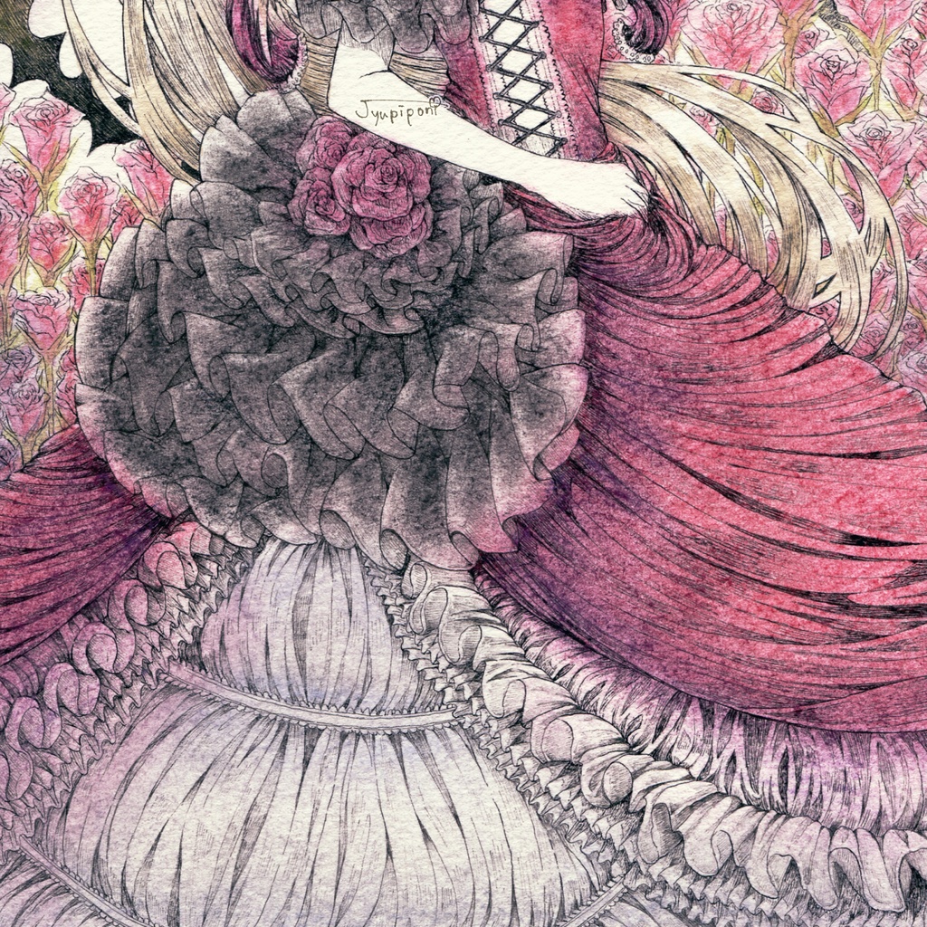 【アナログ原画】赤いドレスと薔薇