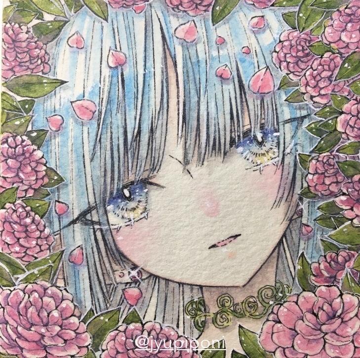 【アナログ原画】ミニ色紙　乙女椿のエルフ