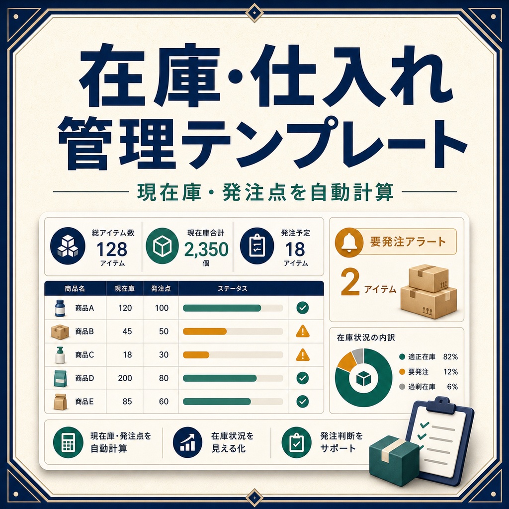在庫・仕入れ管理テンプレート|現在庫・在庫金額・発注点をExcelで自動計算