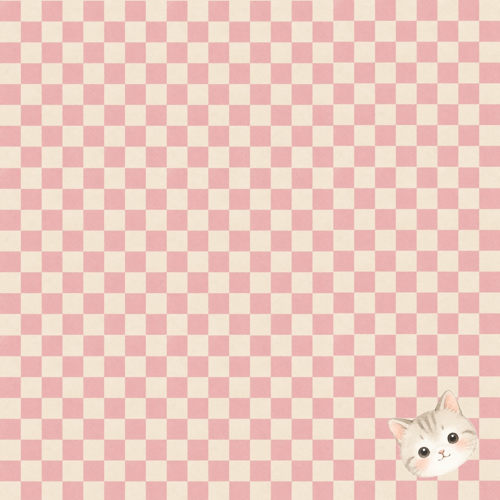 和柄　市松模様（ワンポイント猫）桃色
