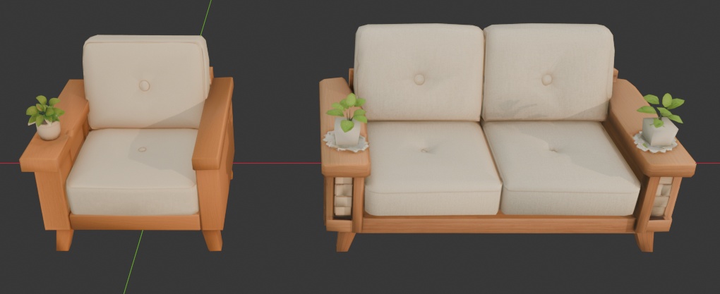 【【3Dモデル】ローポリで可愛いソファ&椅子シリーズ(2個セットばら売り/6種フルセット対応)