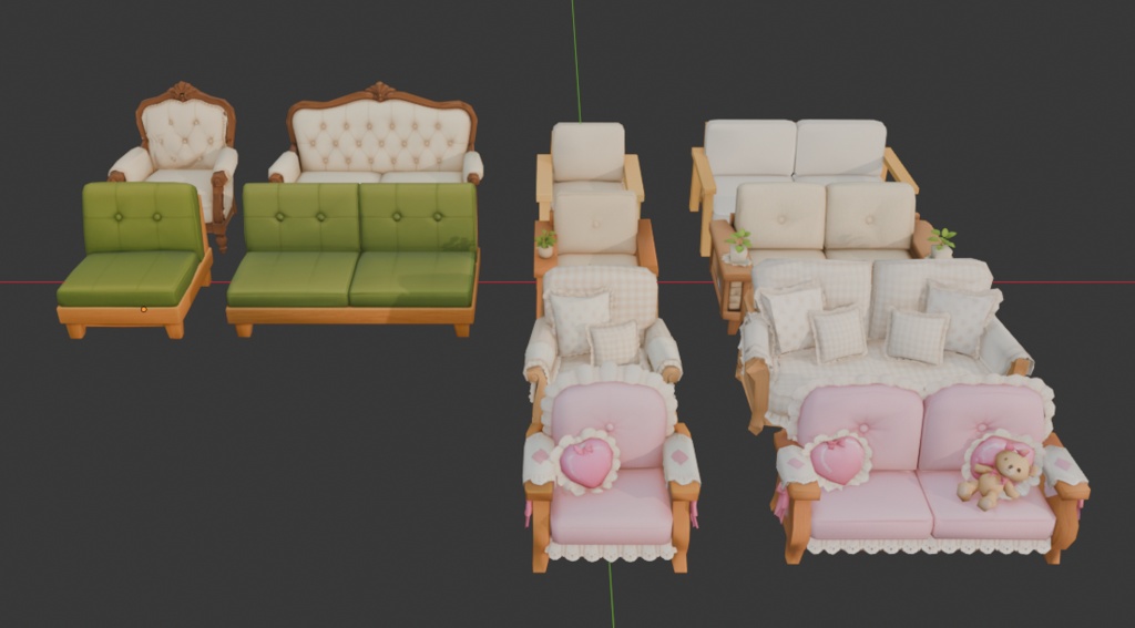 【【3Dモデル】ローポリで可愛いソファ＆椅子シリーズ（2個セットばら売り／6種フルセット対応）