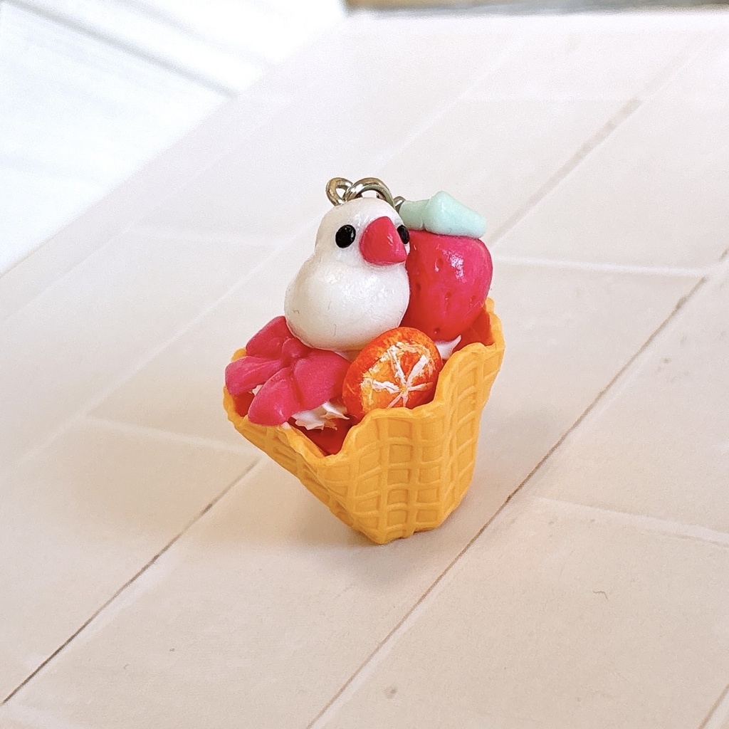 白文鳥ストラップ_ワッフルコーン