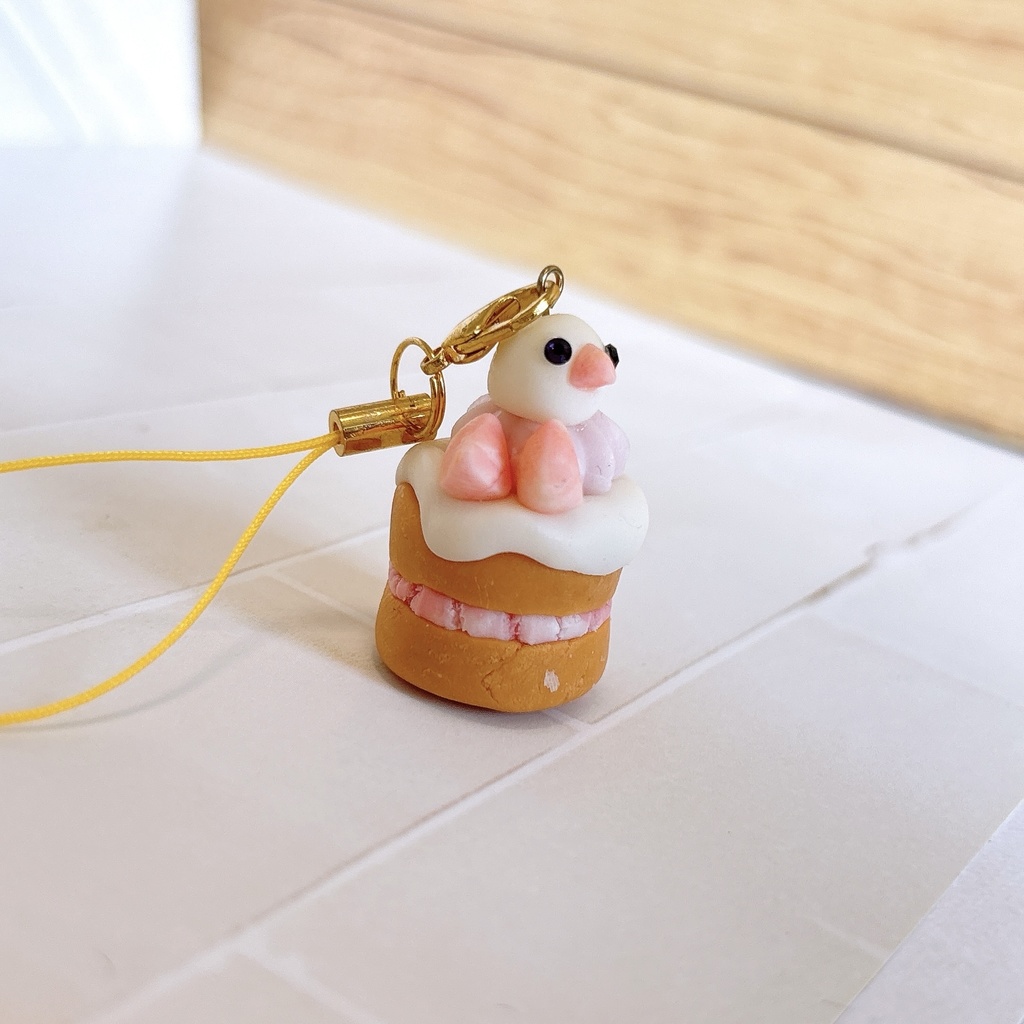 まんまる文鳥ストラップ_ケーキ
