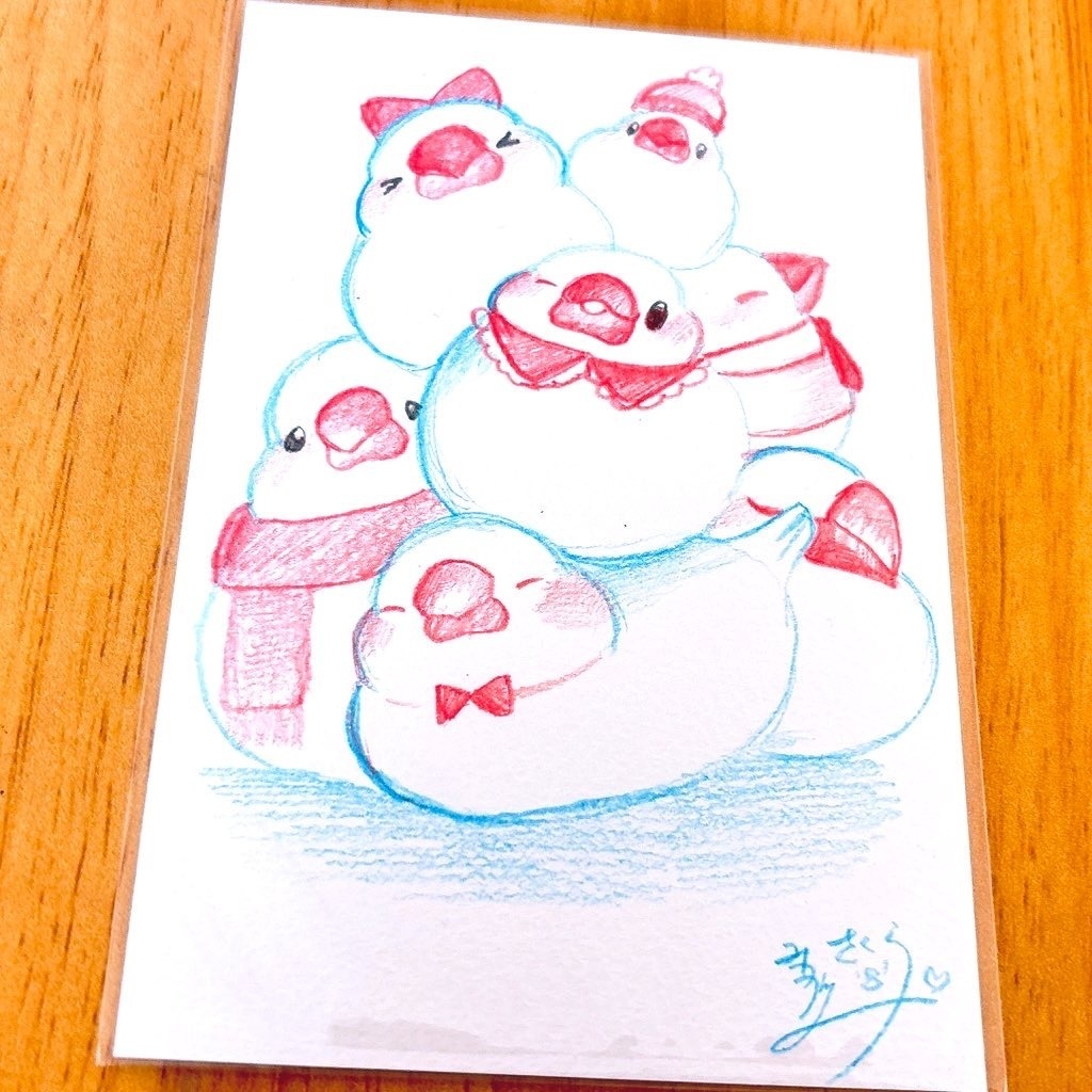 【ハガキサイズ原画】白文鳥がたくさん