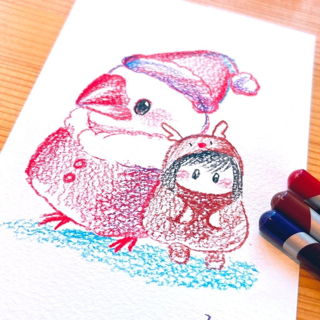 【ハガキサイズ原画】サンタとトナカイ