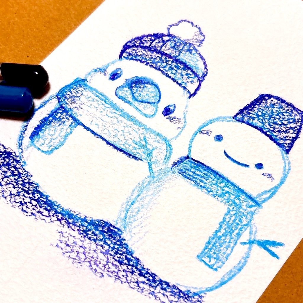 【ハガキサイズ原画】雪だるまとツーショット