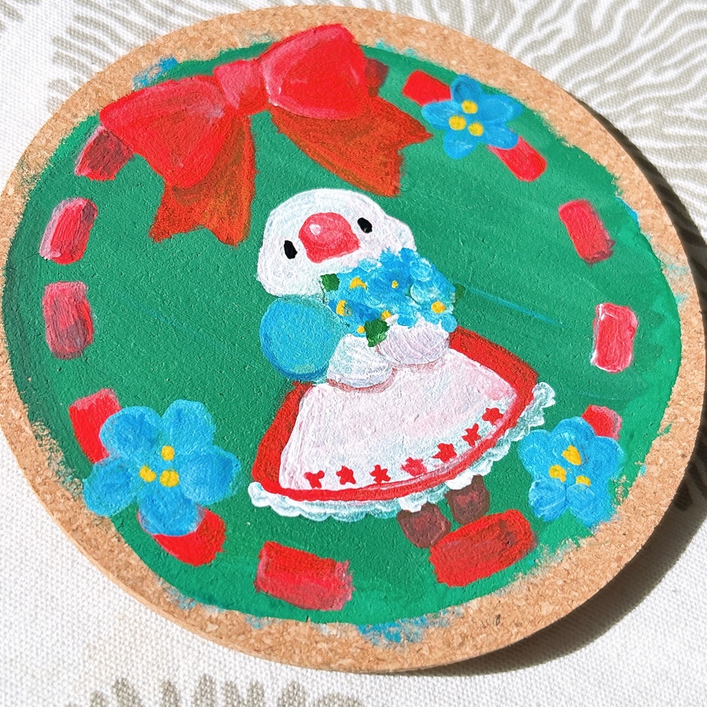 【手描きコースター】赤いリボンと青い花