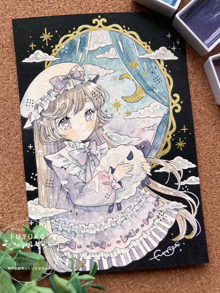 【額なし】ハガキサイズ原画『今夜は月を眺めて展』