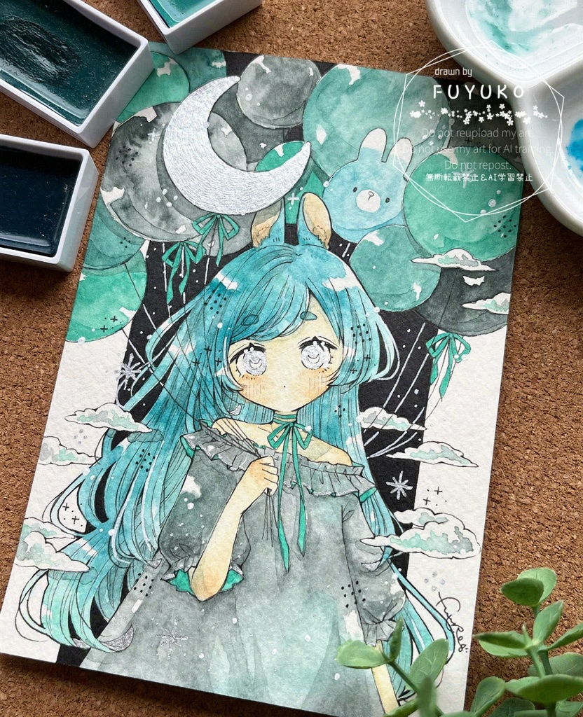 【額なし】ハガキサイズ原画『今夜は月を眺めて展』