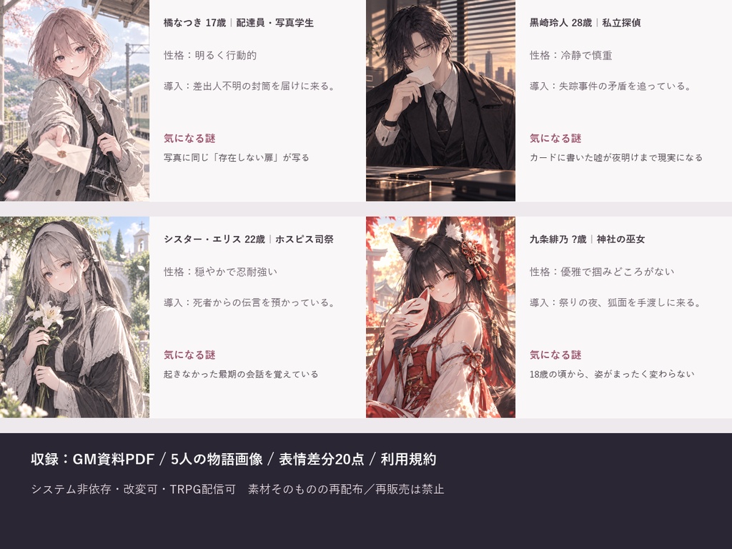 【GM準備短縮】現代怪異NPC5人+シナリオ導入15本|秘密・会話例・立ち絵25点