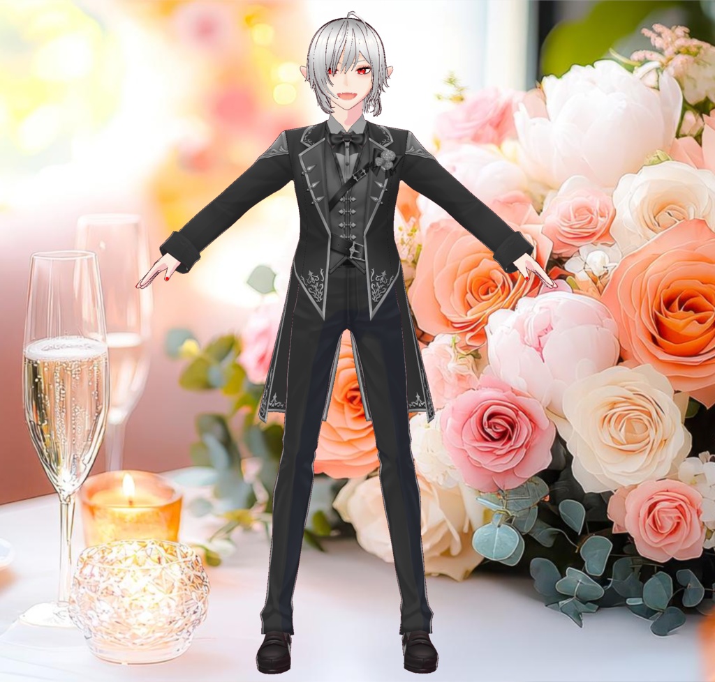 黒いタキシード&ウエディングドレスの結婚式衣装セット