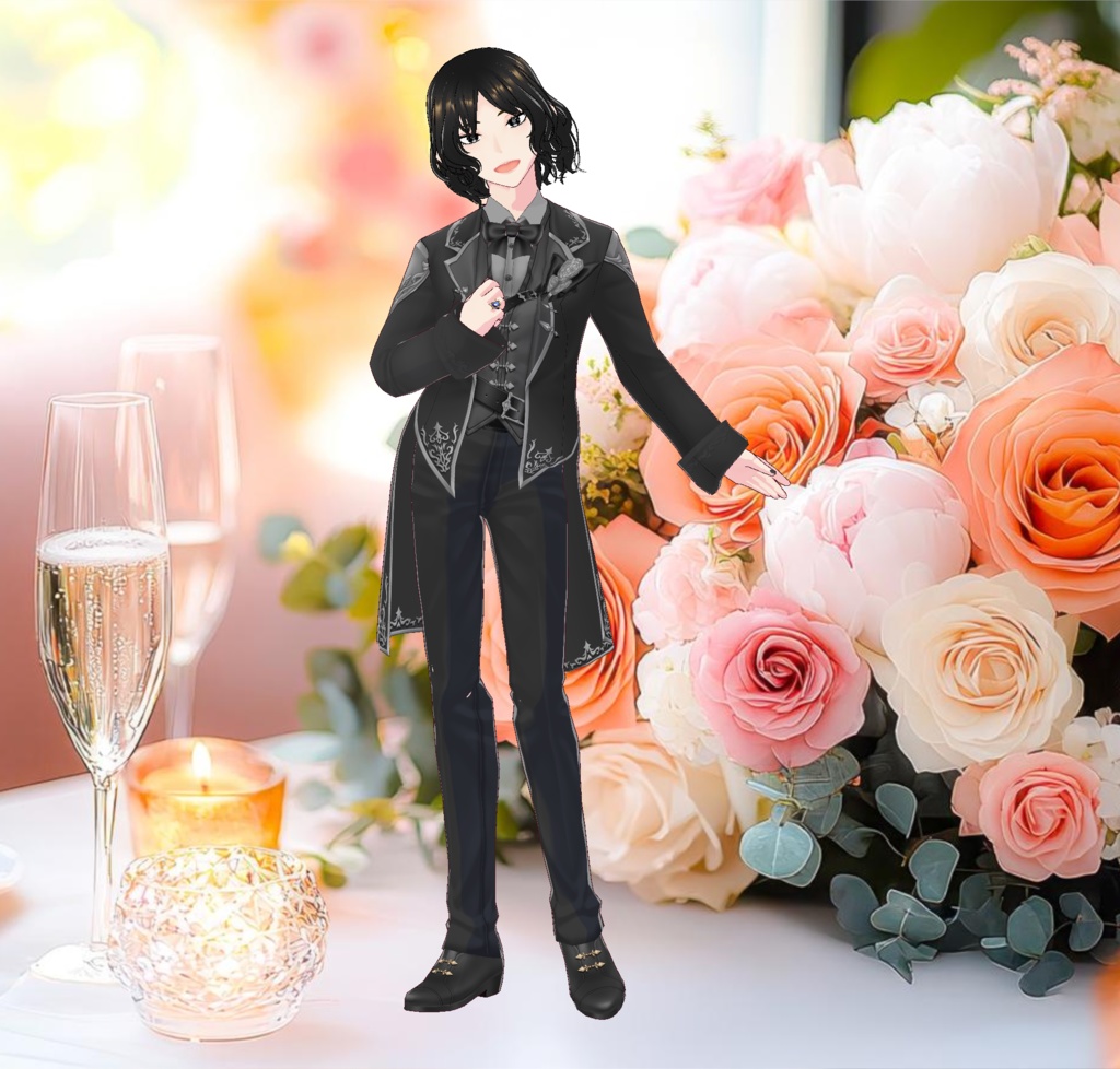 黒いタキシード&ウエディングドレスの結婚式衣装セット