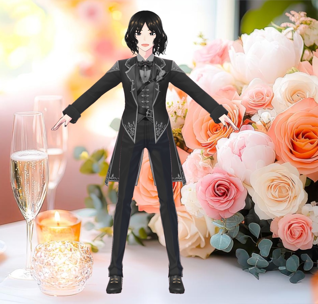 黒いタキシード&ウエディングドレスの結婚式衣装セット