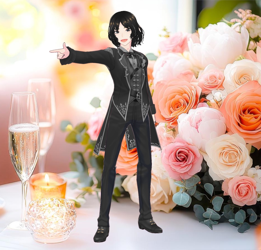 黒いタキシード&ウエディングドレスの結婚式衣装セット