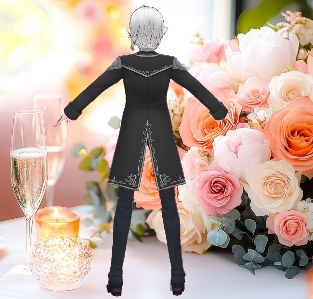 黒いタキシード&ウエディングドレスの結婚式衣装セット